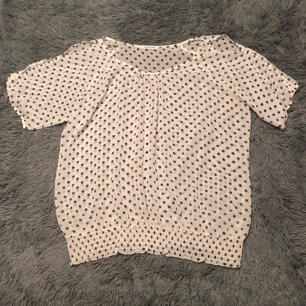 Maurices Sheer Blouse with Navy Polka Dots